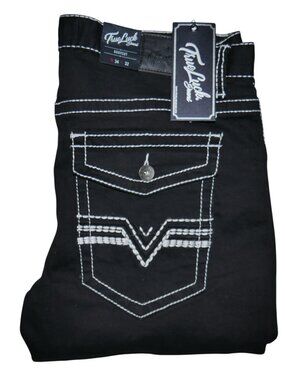 True Luck Men's Bootcut Jeans Size 34x32 Black Thick Stitch Embroidered BKE NWT